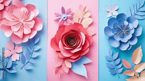 Colorful paper flowers on pastel background.