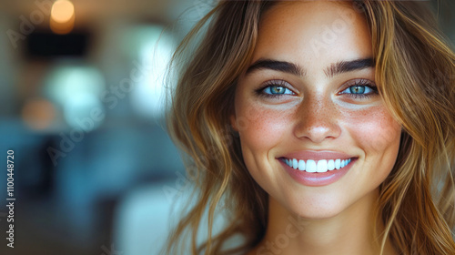 Wallpaper Mural Smiling young caucasian female with freckles and blue eyes Torontodigital.ca