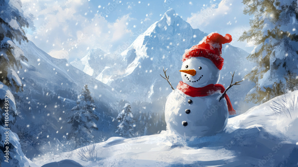 Obraz premium Winter wonderland snowman in snow-covered mountain landscape with falling snowflakes