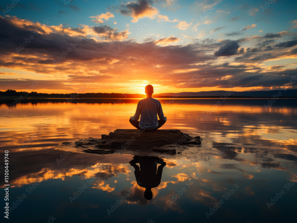 Person meditating on a rock by a serene lake at sunset with vibrant reflections and dramatic clouds Person meditating on a rock by a serene lake at sunset with vibrant reflections and dramatic clouds