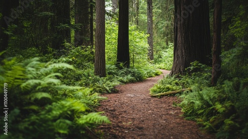 Serene Forest Pathway Surrounded by Lush Green Foliage in a Tranquil Wilderness photo