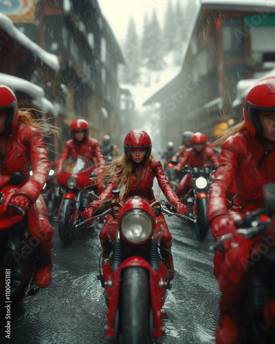 Group of women motorcyclists in red helmets and jackets riding through a rainy street, focus on the leading woman, dynamic action, urban setting, rain-soaked gear. urban lifestyle themes photo