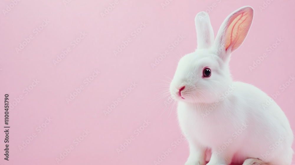 Fototapeta premium Cute white rabbit sits on pink background. Adorable baby hare with pink eyes, nose. Spring holiday theme. Suitable for easter cards. Lovely pet animal. Perfect for children products design projects.