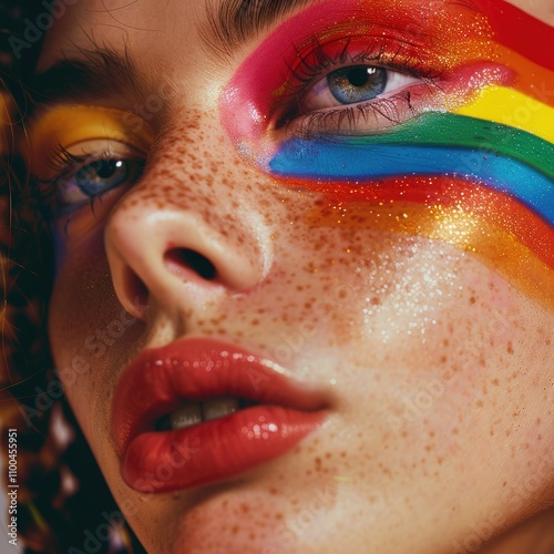 Model face, bright makeup with LGBT flag, front view. Feedom of expression photo