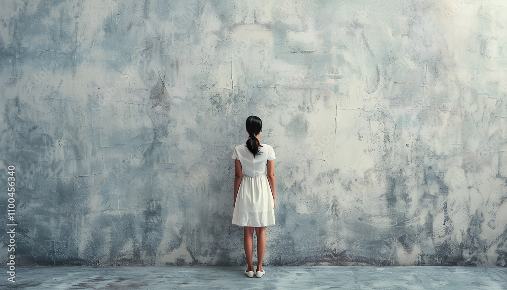 Obraz premium The wall in front of the girl as a concept of fear