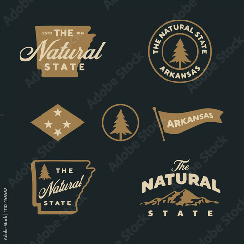Set of vintage Arkansas travel logos. The Natural state. 