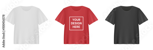 White, red and black T-shirts. Realistic 3d mockup of T-shirt with short sleeves. Empty space for your design. Print shop