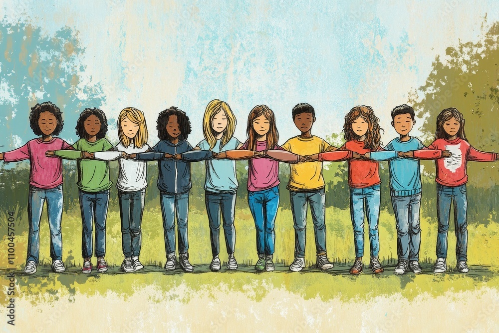 Naklejka premium Diverse children linked arms, standing outdoors.