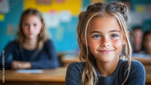 Caucasian young girls smiling and studying in classroom photo