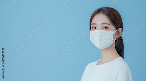 Asian female wearing face mask against blue background