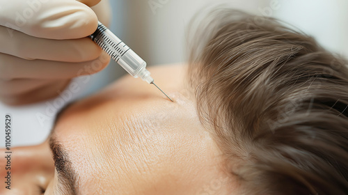 Doctor performing a cosmetic procedure, injecting a substance into a patient's forehead using a syringe to reduce wrinkles photo