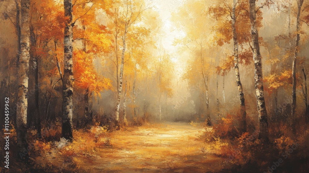 Fototapeta premium Autumnal Path Through Golden Birch Forest