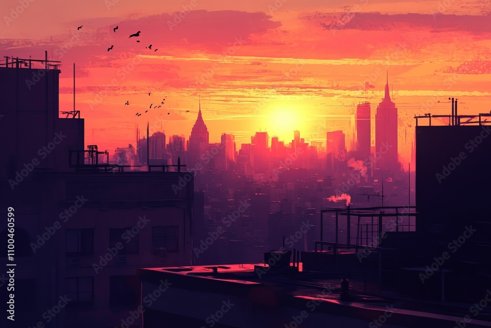 Fototapeta premium Cityscape sunset; birds fly; vibrant colors.