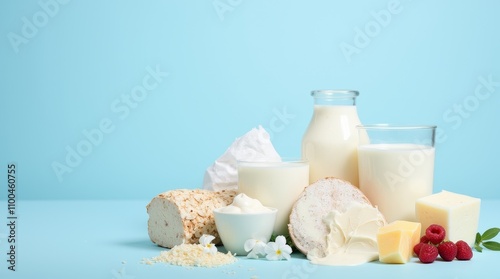 Fresh Dairy Products on Blue Background photo