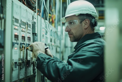 Experienced man electrical engineer inspecting control panels in industrial facility, wearing protective gear, focused on system diagnostics. Engineering and power management photography concept