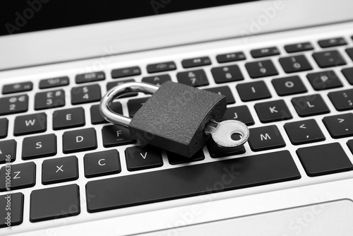 Padlock with key on laptop,...