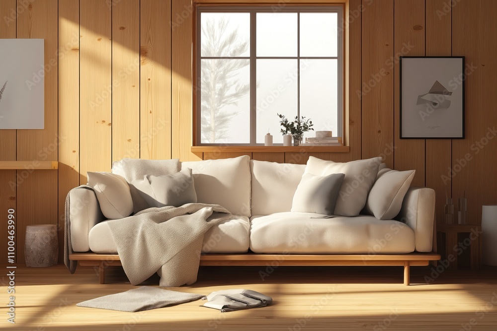 Fototapeta premium Cozy living room with wooden paneling, white sofa. Warm sunlight streams through window with snowy landscape. Soft beige blanket, pillows rest on sofa. Modern Scandinavian design. Interior photo for