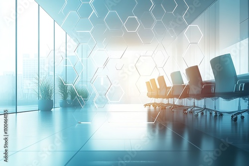 Modern office conference room with sleek chairs, glass walls, and hexagonal digital overlay, symbolizing innovation, technology, and collaboration in a professional environment photo