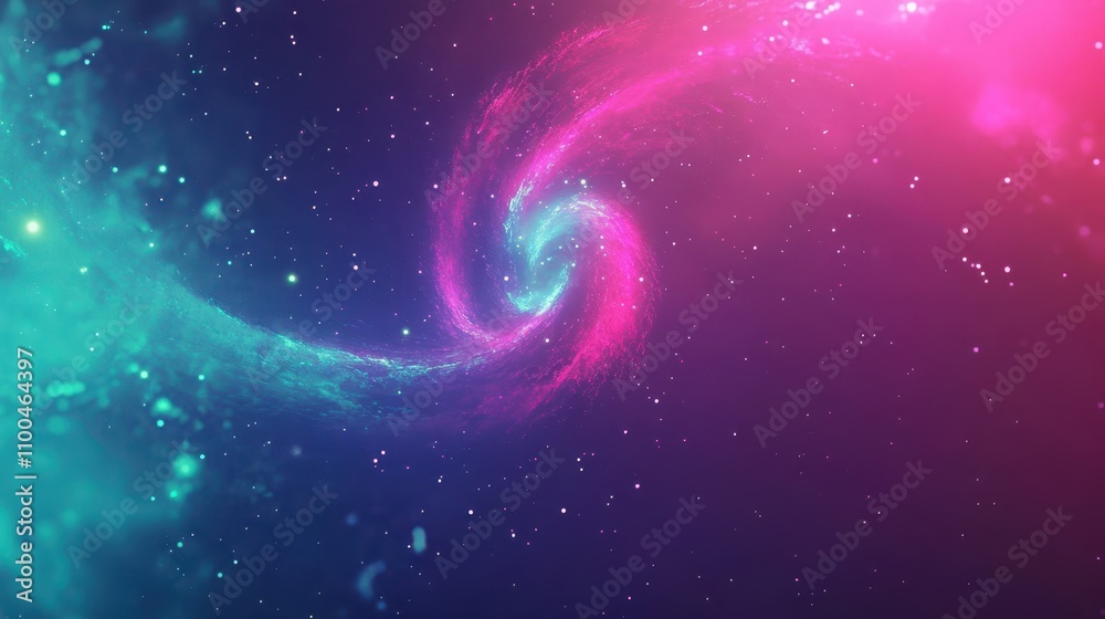 Glowing galaxy spirals in vibrant neon hues floating in cosmic darkness