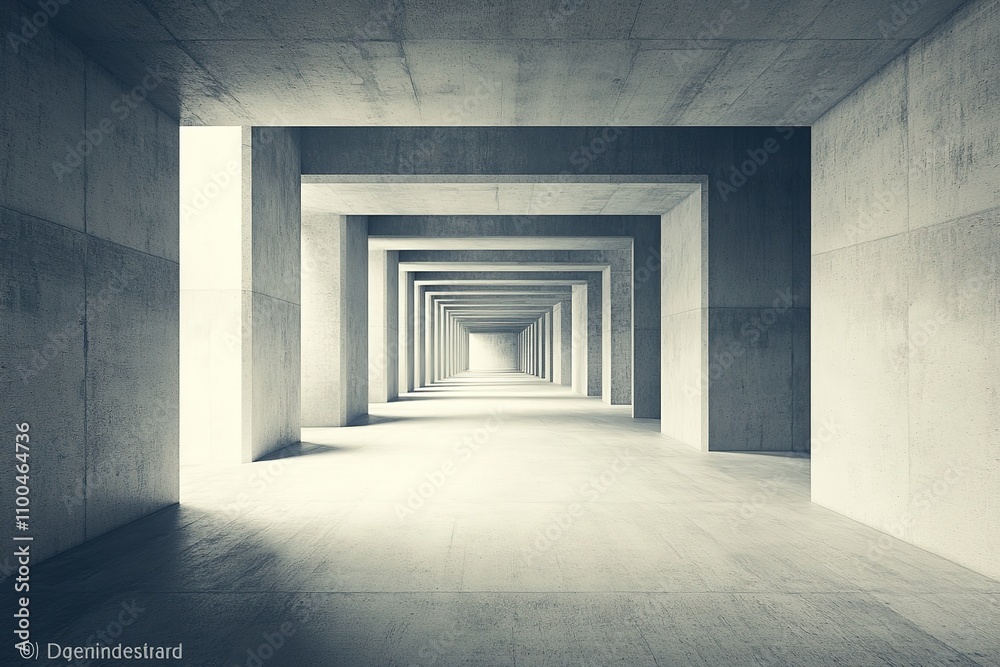 Fototapeta premium Endless concrete corridor with repeating geometric frames creating depth and symmetry, evoking minimalism and architectural abstraction