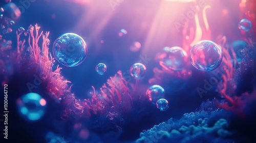 Bright glowing bubbles rising softly in underwater space