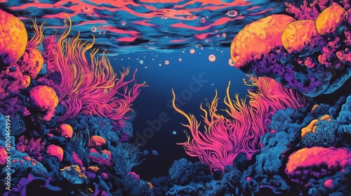 70s underwater wallpaper with glowing seaweed and retro light reflections