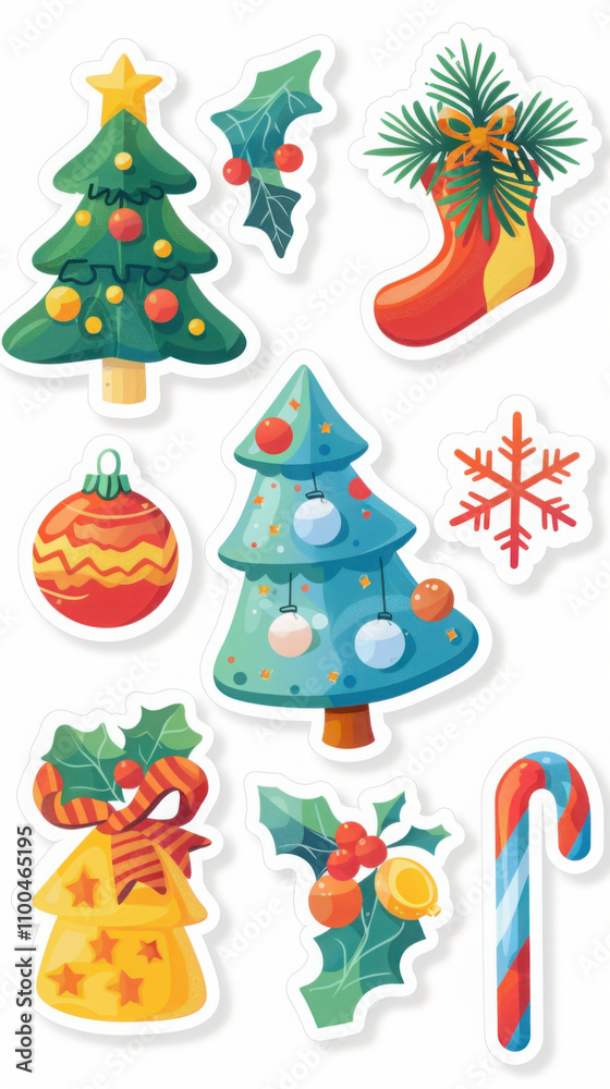Fototapeta premium Festive christmas sticker set featuring trees, decorations, and holly for holiday crafts