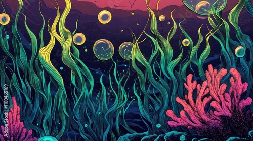 Exaggerated seaweed glows brightly in this retro underwater wallpaper backdrop