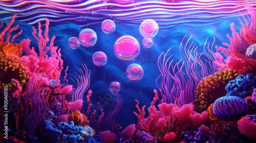 Glowing coral and bubbles float in a retro 70s underwater wallpaper scene