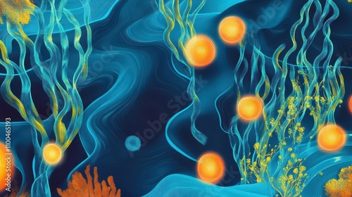 Glowing seaweed and coral float gently in this retro underwater wallpaper