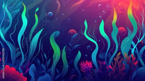 Retro wallpaper with glowing seaweed and coral in vibrant ocean textures