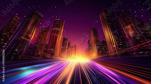 Vivid futuristic city wallpaper with glowing buildings and light patterns