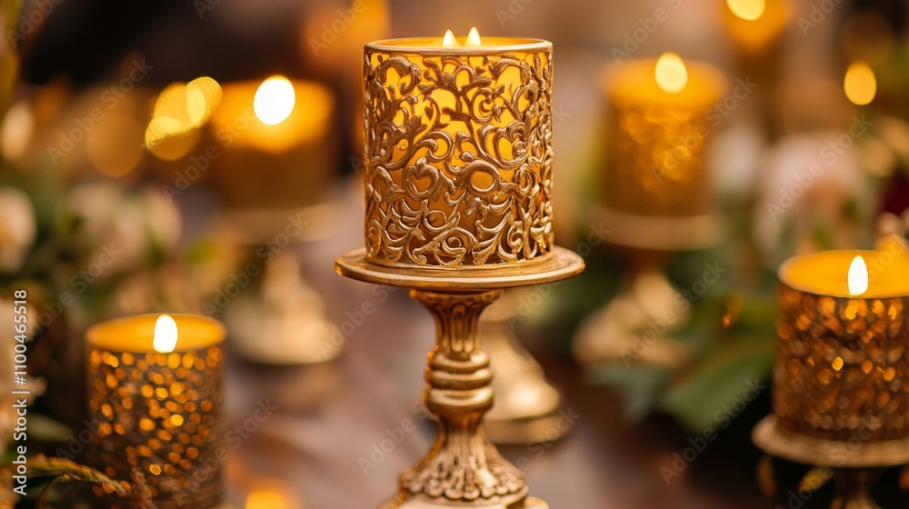 Fototapeta premium Golden Candlesticks - Elegant Table Setting