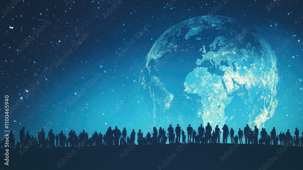 Silhouettes of diverse people admiring a glowing Earth against a starry night sky. Silhouettes of diverse people admiring a glowing Earth against a starry night sky.