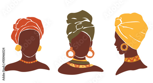 Abstract portraits of dark-skinned women in national clothes, turbans and jewelry. Vector graphics.