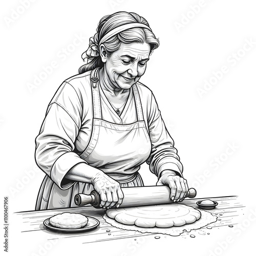 Illustration of an old woman rolling dough