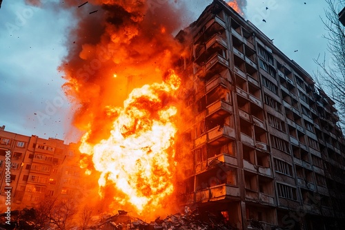 Flames engulf a building as chaos unfolds in the urban landscape at dusk. Generative AI