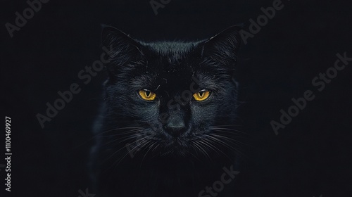   Black cat face close-up with yellow background