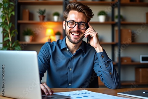 Hombre joven sonriente hablando por teléfono mientras trabaja en su oficina moderna con computadora portátil y documentos sobre la mesa, rodeado de decoración minimalista y cálida iluminación.

