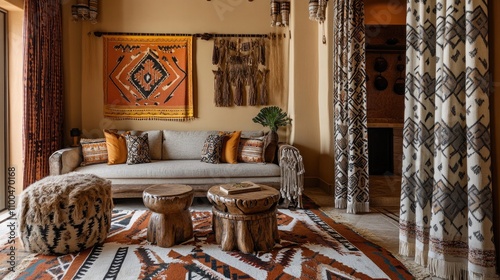 A plush hotel suite with tribal decor