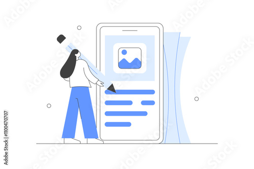Digital business concept. Working on content marketing, targeting and social media business activities. Flat Cartoon Vector Illustration, icon. Stylish abstract
