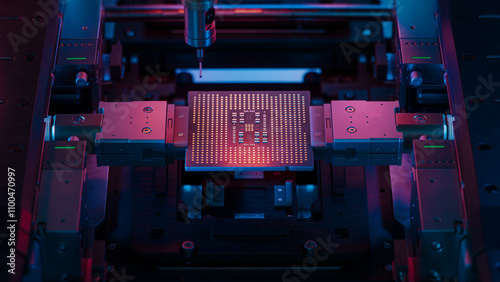 Microchip on Conveyor Line during Production and Packaging Process on Semiconductor Fab. Advanced Computer Chip in Industrial Environment. Processor at Engineering Laboratory photo