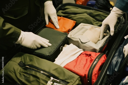 Customs officers inspecting luggage for contraband photo