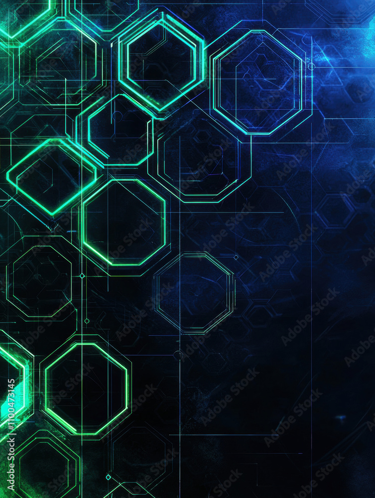 Obraz premium A glowing hexagonal network in vibrant green and blue hues, blending futuristic technology with abstract art.