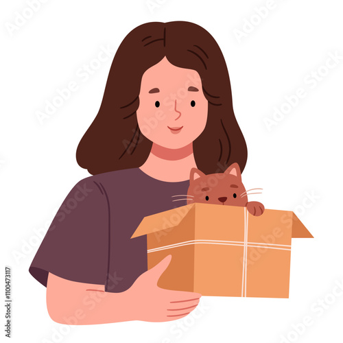 Cute girl holding a kitten in a box. Gift. Adopt a cat from a shelter.