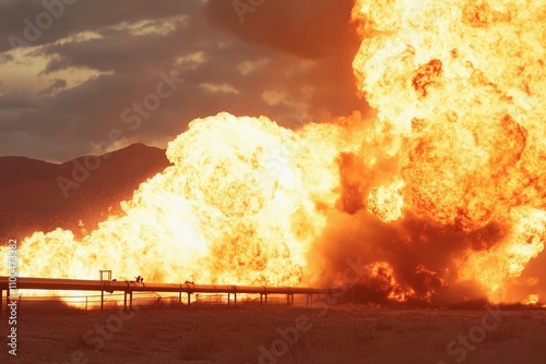 Massive explosion lights up the evening sky above an oil pipeline in the desert. Generative AI photo