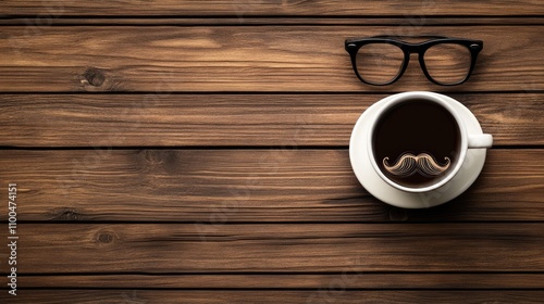 A whimsical coffee cup featuring a mustache design, alongside stylish black glasses on a rustic wooden table.