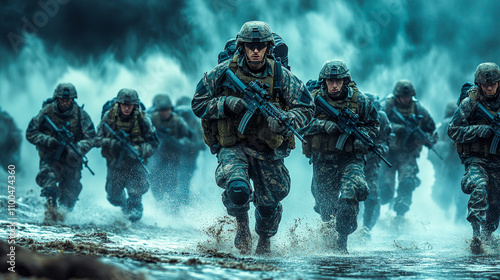 Caucasian male soldiers in combat gear charge through water during military operation