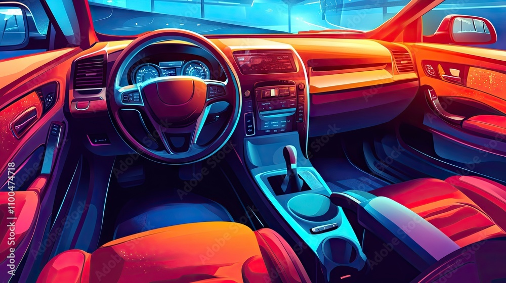 Fototapeta premium A vibrant illustration of a modern car interior, showcasing sleek controls and plush red seating.
