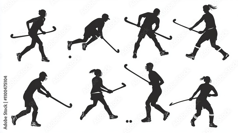 Fototapeta premium Vector Silhouette Set of Male and Female Field Hockey Athletes in Action Poses.
